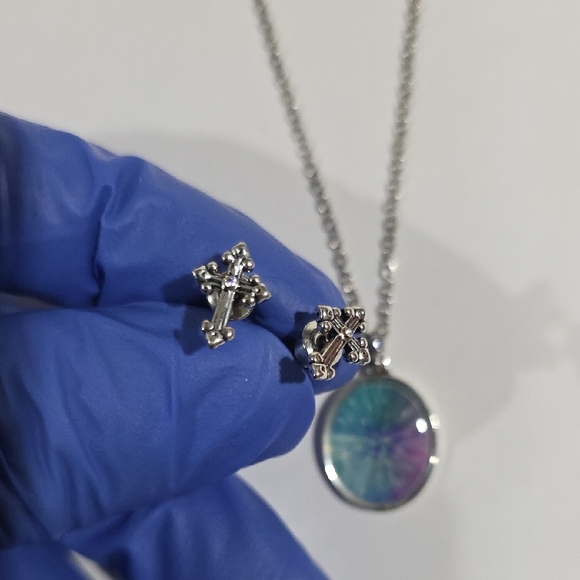 Silver Pendant Necklace with Blue & Purple Accents and Cross Stud Earrings - Picture 13 of 14